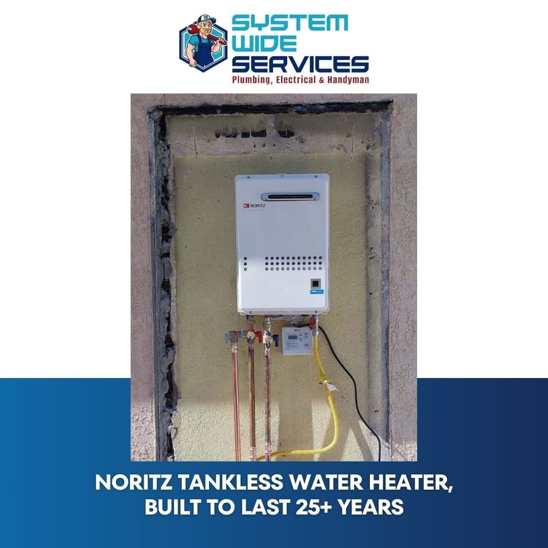 Noritz tankless water heater installed on an exterior wall with new copper and gas lines