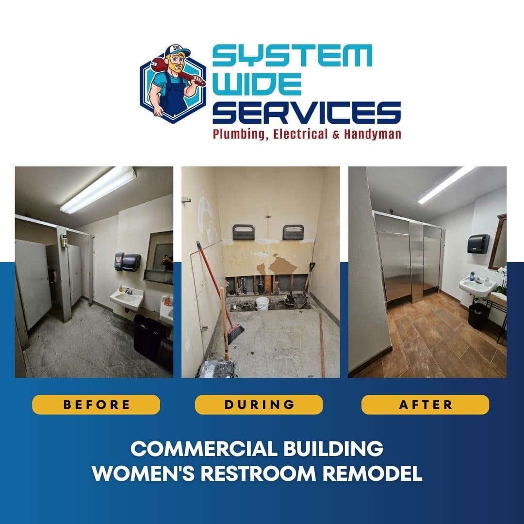 Commercial women's restroom remodel before, during, and after in Cerritos
