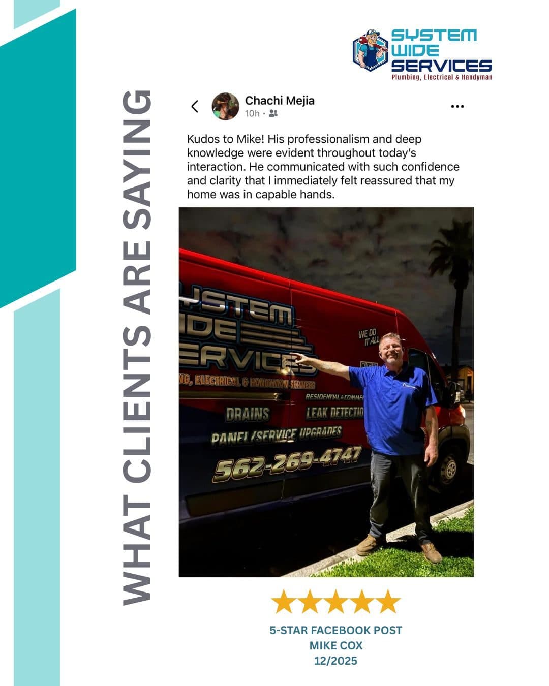Five-star Facebook review praising System Wide Services' professionalism and clear communication