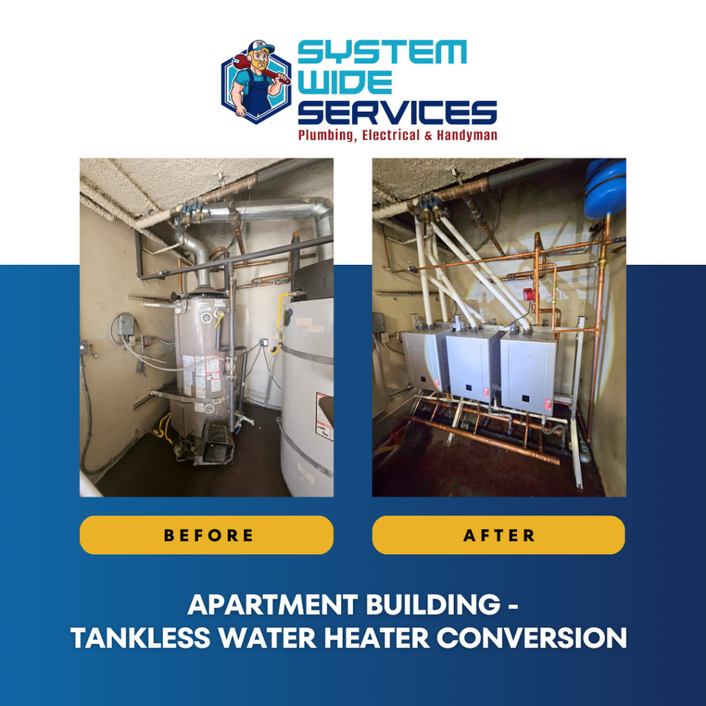 Apartment building tankless water heater conversion showcasing before and after installation by System Wide Services, highlighting plumbing expertise and modern technology.