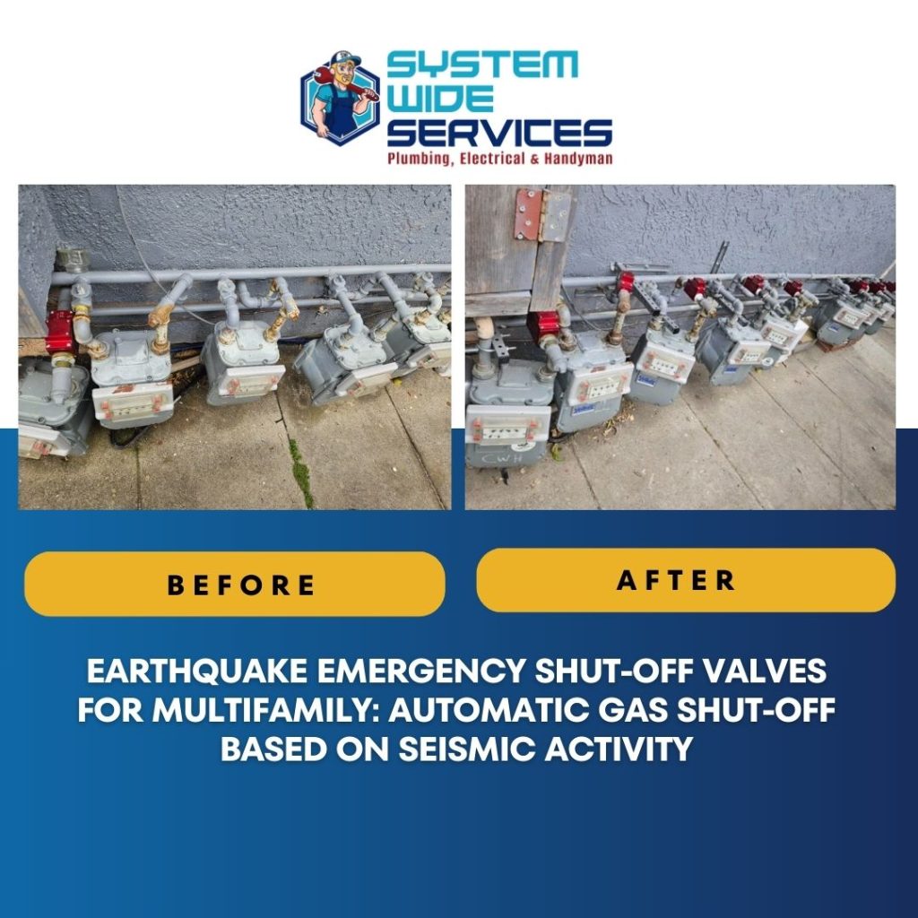 Earthquake emergency shut-off valves installation for multifamily units, showcasing before and after images of automatic gas shut-off systems by System Wide Services.