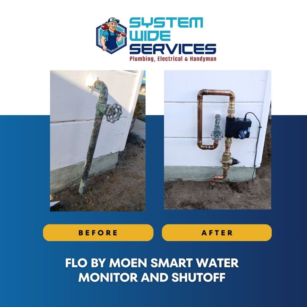 Before and after image of a plumbing installation featuring the Flo by Moen Smart Water Monitor and Shutoff, showcasing upgraded piping and water management technology by System Wide Services.