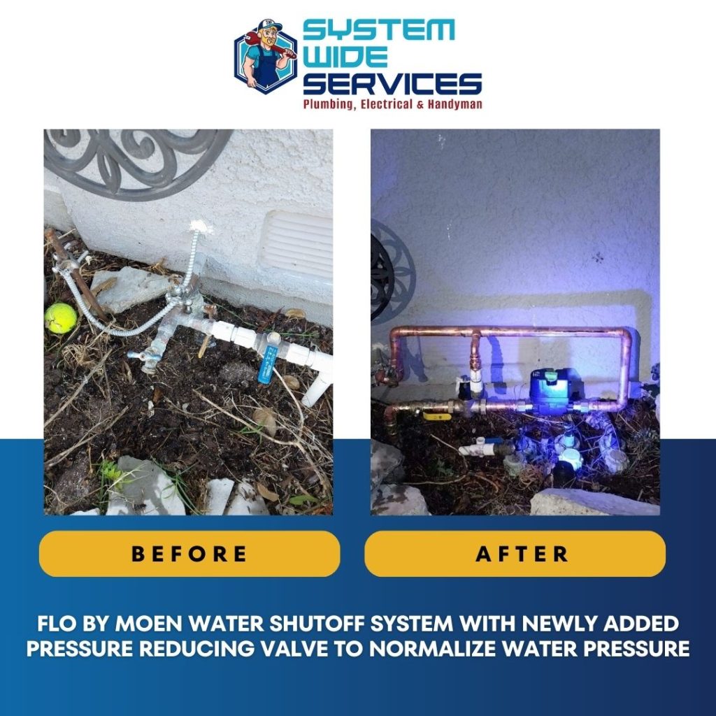 Flo by Moen water shutoff system installation with newly added pressure reducing valve, showcasing before and after comparison, emphasizing plumbing service quality by System Wide Services.
