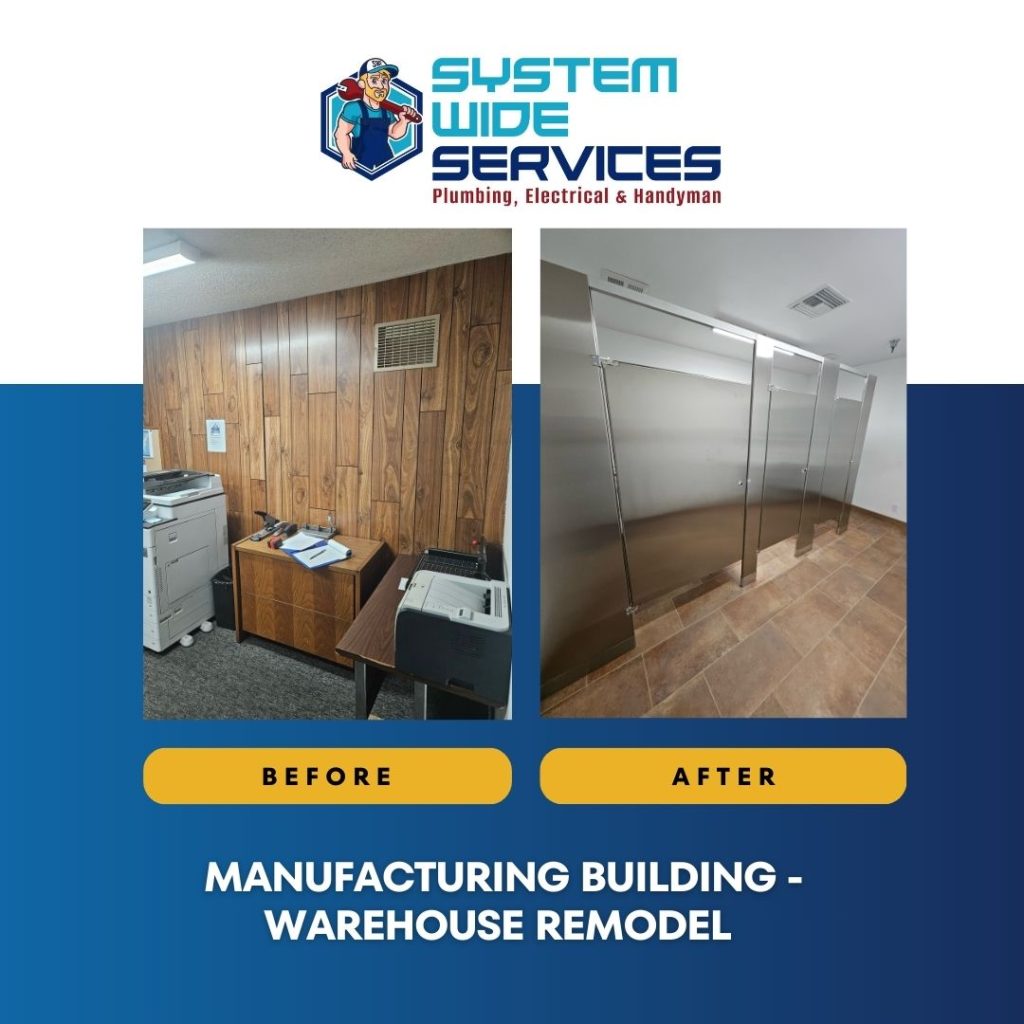 Before and after comparison of a manufacturing building warehouse remodel by System Wide Services, showcasing upgraded interiors with modern fixtures and improved layout.