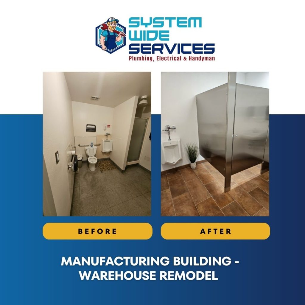 Before and after images of a restroom remodel in a manufacturing building, featuring upgraded fixtures and modern design elements by System Wide Services.