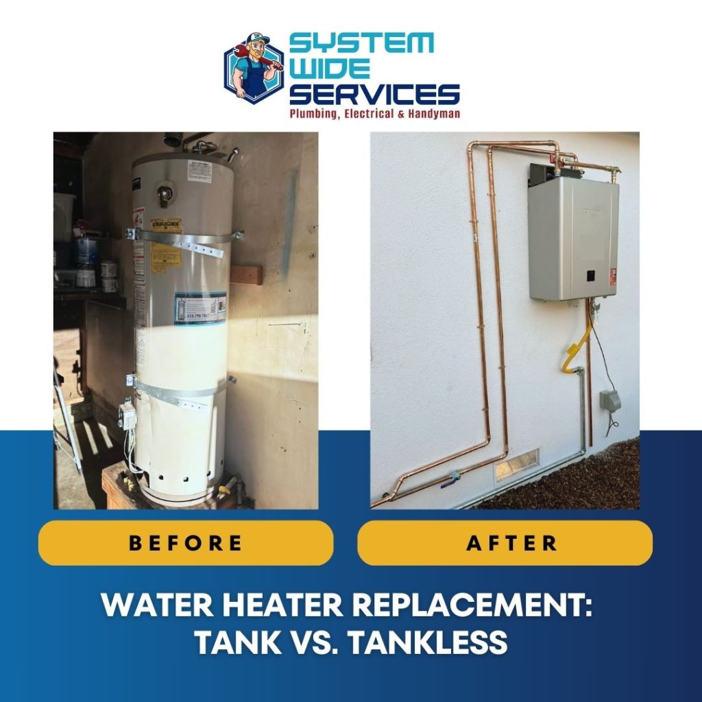 Water heater replacement showcasing tank-style heater on the left and modern tankless unit on the right, highlighting System Wide Services' plumbing expertise.