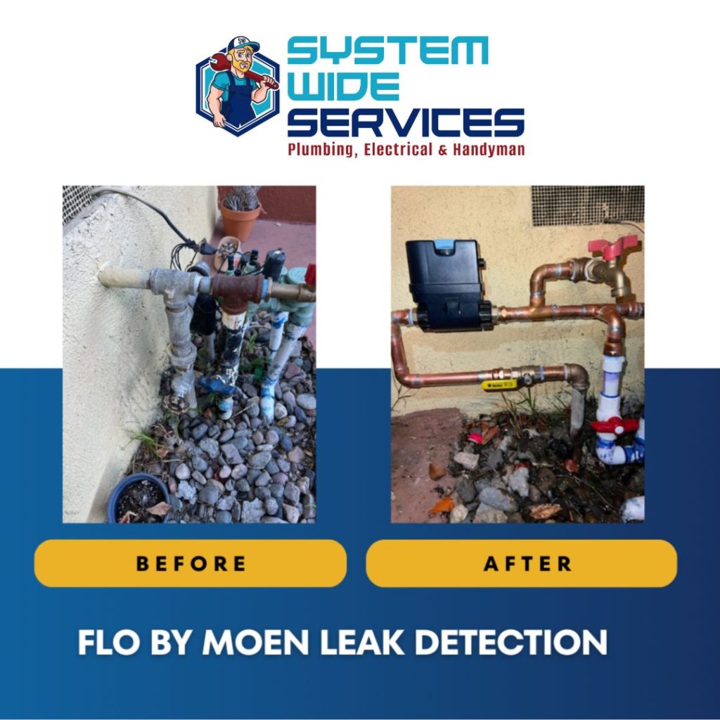 Before and after images of a plumbing installation by System Wide Services, showcasing the transformation of a leak detection system labeled "Flo by Moen."