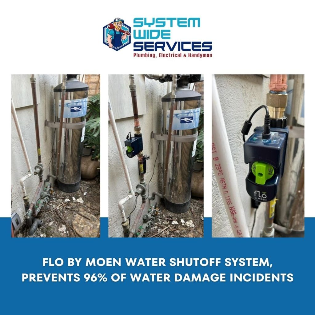 Flo by Moen water shutoff system installed, showcasing plumbing setup with visible pipes and water shutoff device, branded with System Wide Services logo.