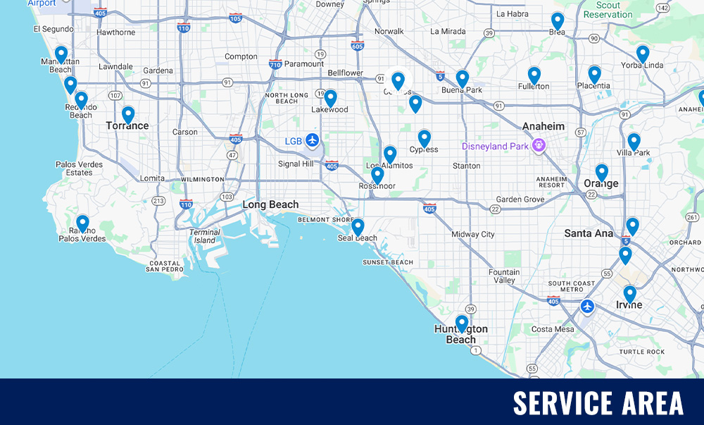 Map highlighting service areas of System Wide Services, including Long Beach, Torrance, and surrounding Los Angeles County communities.