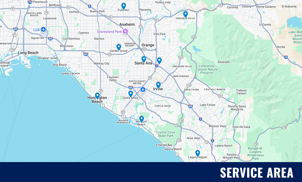 Map of Orange County highlighting service areas for plumbing, electrical, and handyman services by System Wide Services, with marked locations including Anaheim, Irvine, and Huntington Beach.