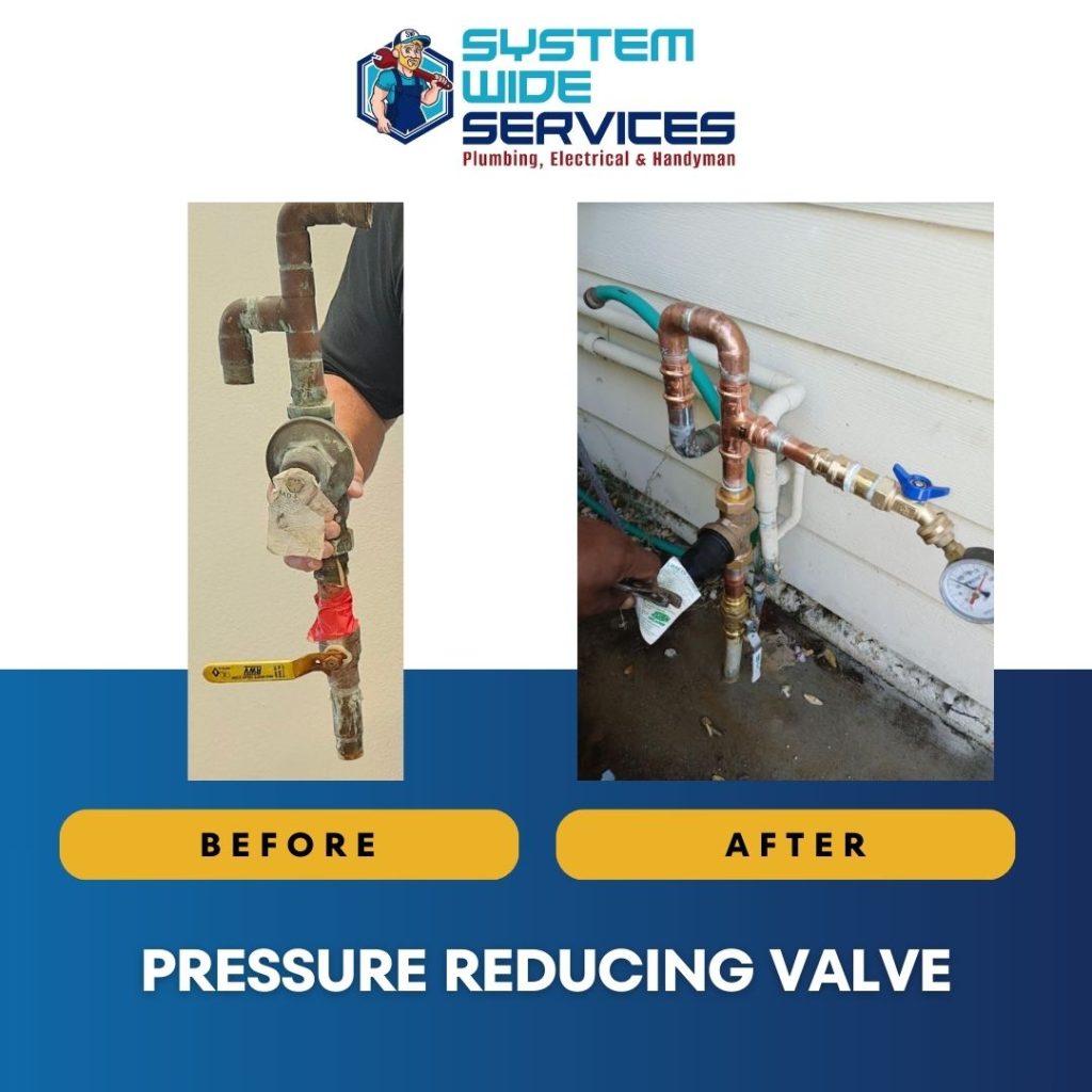 Before and after images of a pressure reducing valve installation by System Wide Services, showcasing plumbing expertise and quality workmanship.