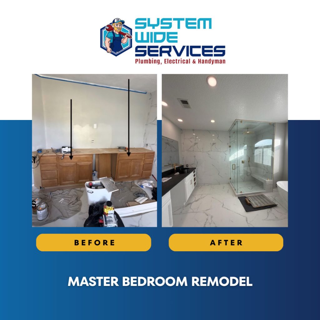 Master bedroom remodel showcasing before and after transformation, featuring modern bathroom fixtures and updated cabinetry by System Wide Services.